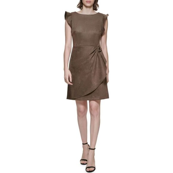 DKNY Faux Suede Side-Draped Sheath Dress Toffee NWOT Sz‎ 10 - Picture 1 of 5